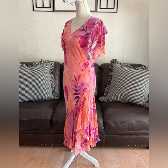 Vintage PHOOL Bright & Colorful Floral Dress Ruffle Asymmetrical Hem Rare 90s - Picture 7 of 15